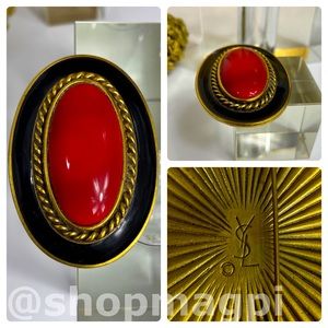 YSL YVES SAINT LAURENT Vintage Enamel Cabochon Cameo With Braided Brass Rope